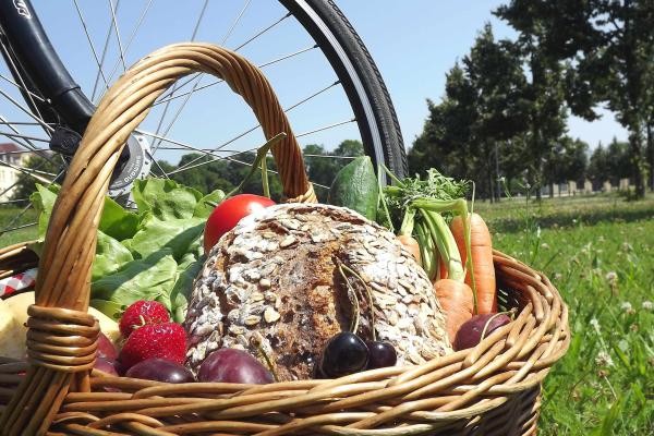 Korb mit frischen regionalen Produkten wie Brot, Erdbeeren und Möhren auf einer Wiese mit einem Rad im Hintergrund