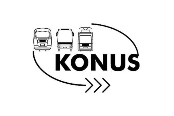 Logo der KONUS-Karte mit gemalten Zug, Bus und S-Bahn und Schriftzug