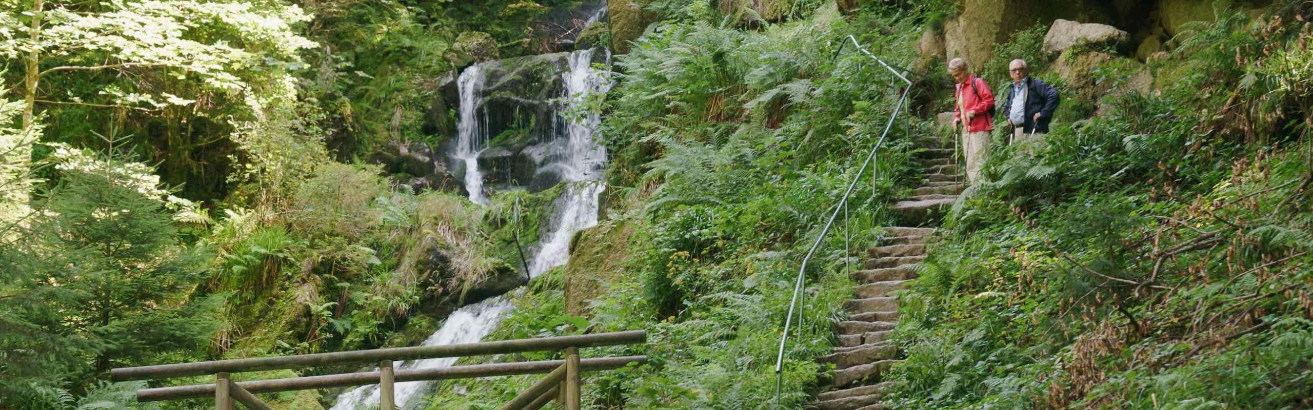 Das Bild zeigt zwei ältere Personen, die Steintreppen hochwanden und dabei Wasserfälle beobachten. Im unteren Bildbereich ist noch das Geländer einer kleinen Holzbrücke zu sehen 