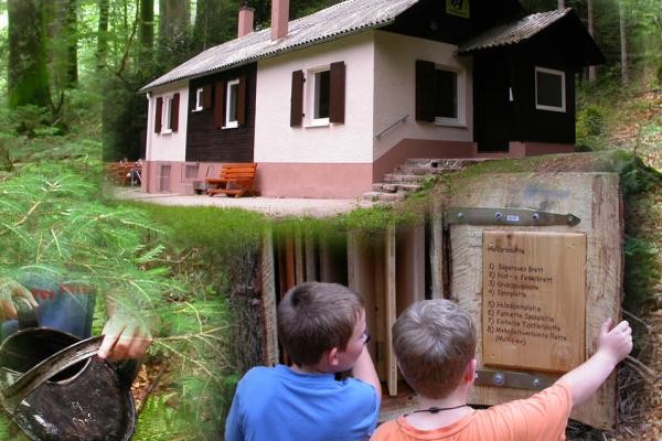 Das Bild zeigt eine Fotocollage mit einem Haus im Wald, zwei Jungs von hinten, die ein Schild durchlesen und einer Gießkanne, aus der Wasser gegossen wird